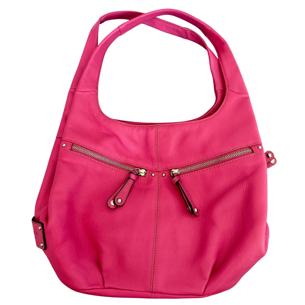 Tignanello Pink Pebbled Leather Hobo Shoulder Bag Silver Hardware Zip Pockets